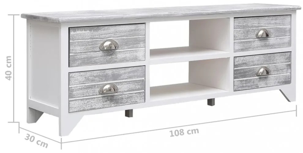 fehér-szürke tömör császárfa TV-szekrény 108 x 30 x 40 cm