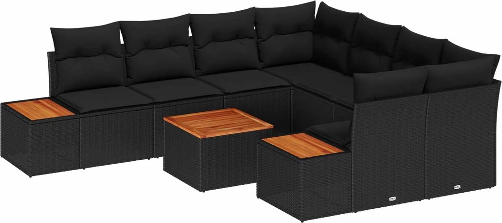 vidaXL Kerti Kanapé Szett párnával tárolóval 9 pcs Fekete Poli rattan