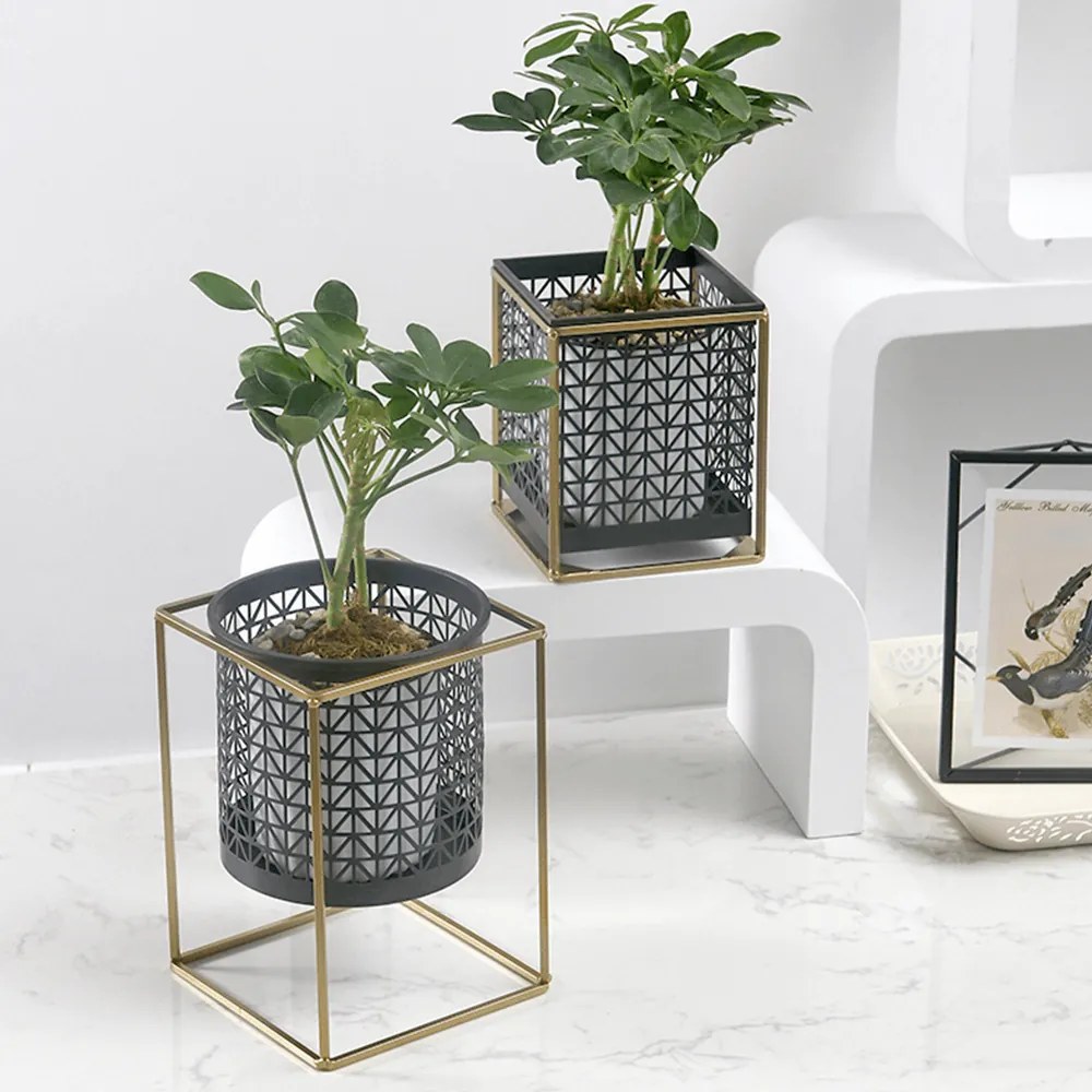 2 darabos virágtartó állvány szett, szögletes/kerek, fekete/arany, ESME SET