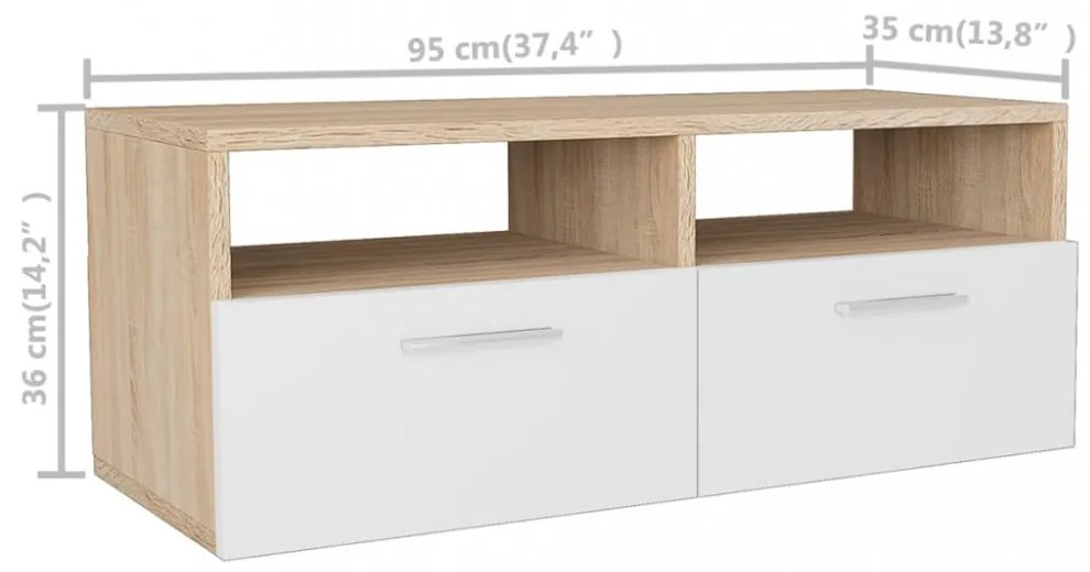 tölgyfa/fehér színű faforgácslap TV szekrény 95 x 35 x 36 cm