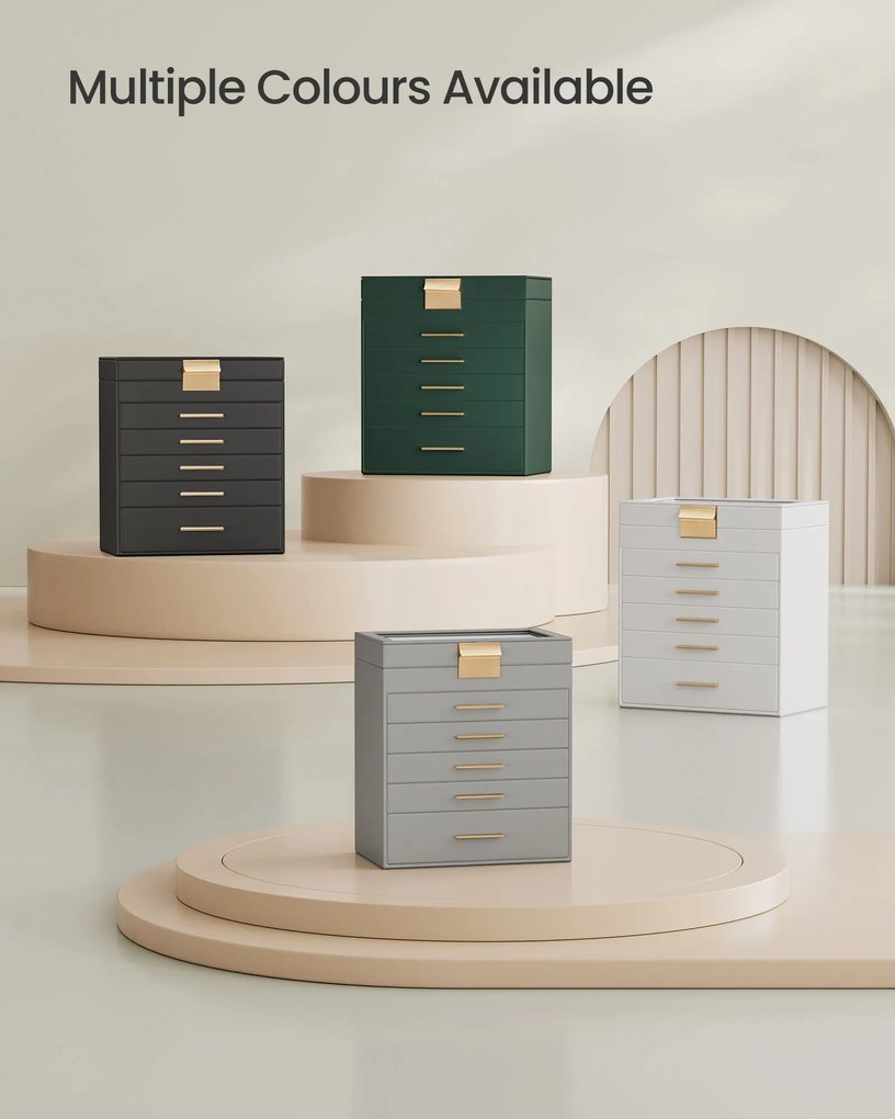 Ékszerdoboz üvegfedéllel, 6 szintes ékszertároló 5 fiókkal, 16,3 x 25,1 x 29 cm, felhőfehér