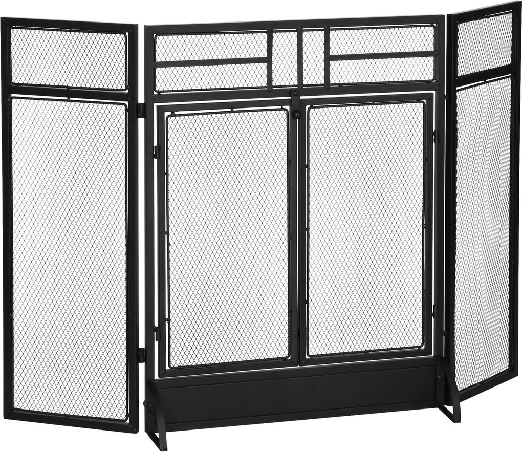 HOMCOM Kéményvédő Hajtogatható Tűzhely Biztonsági Őr 3 Paneles Dupla Ajtóval és További Talppal 120x11.5x79 cm Fekete Fém Kivitel | Aosom