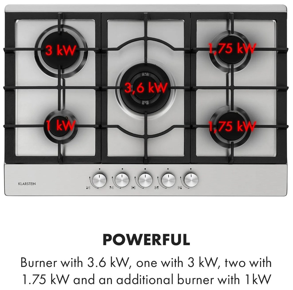 Ignito 5, gázfőzőlap, 5 Sabaf égő, rozsdamentes acél, ezüst