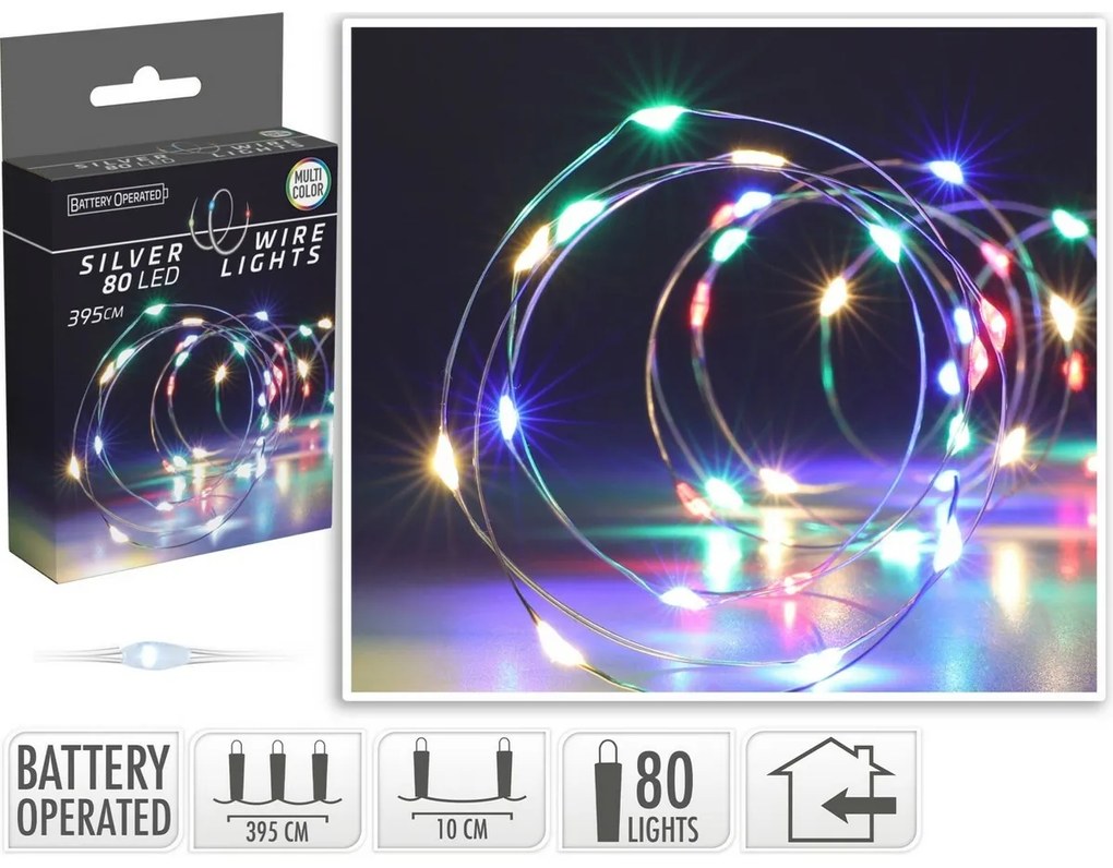 Silver fénydrót, 4 m, 80 LED, színes, elemes