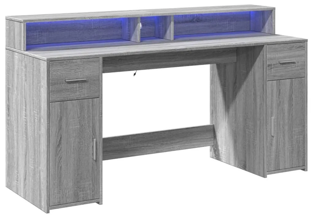 szürke sonoma színű szerelt fa íróasztal LED-ekkel 160x55x91 cm