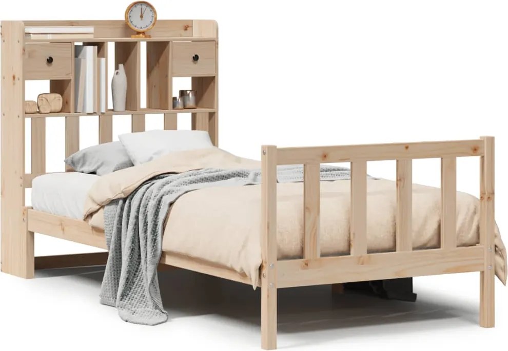 vidaXL tömör fenyőfa könyvespolcos ágy matrac nélkül 90 x 200 cm