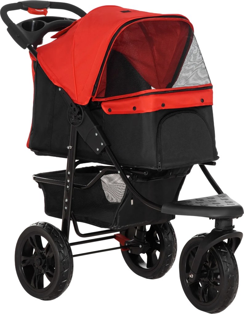 PawHut Összecsukható Kutyakocsi Kisméretű Kutyák Számára 3 Kerekes Fém Ablakok, Kosár és Biztonsági Pántok, Teherbírás: 25 kg, Méret: 109.5x57.5x106.5