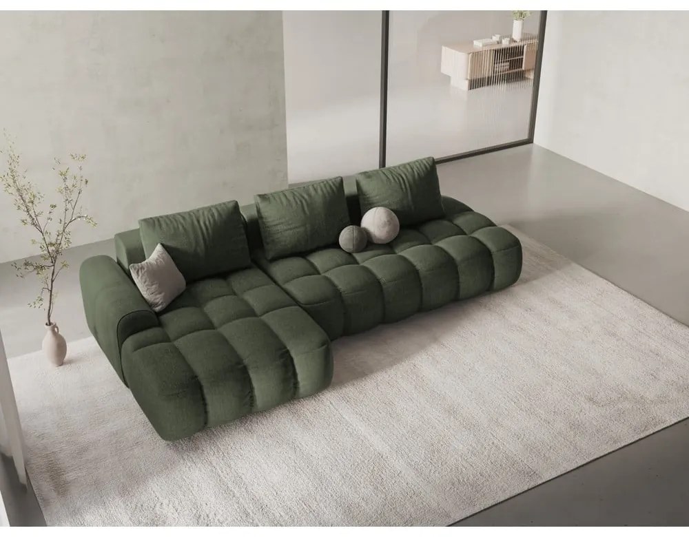 Zöld kinyitható-tárolóhelyes sarokkanapé (bal oldali-heverő résszel) Linz – Cosmopolitan Design