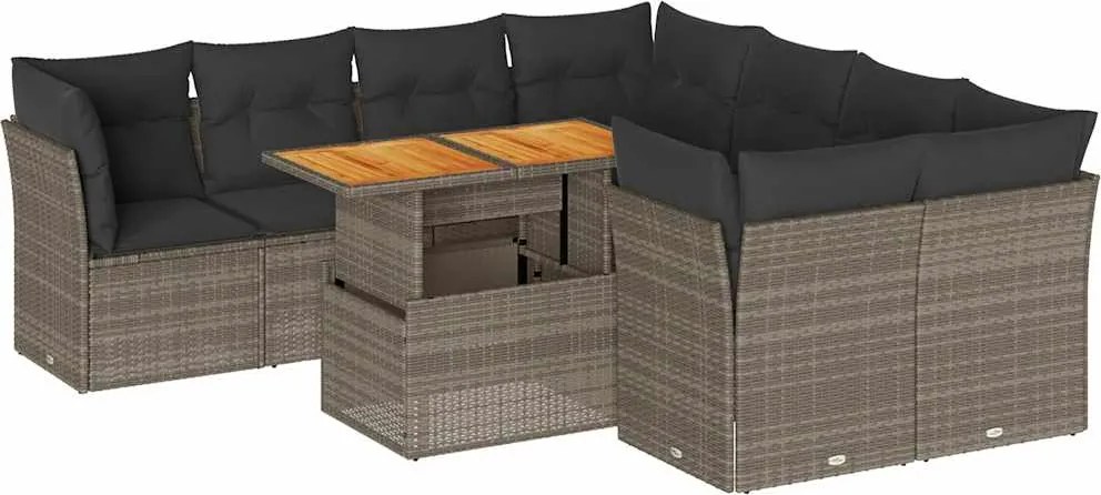 vidaXL 9 részes szürke polyrattan kerti ülőgarnitúra párnákkal