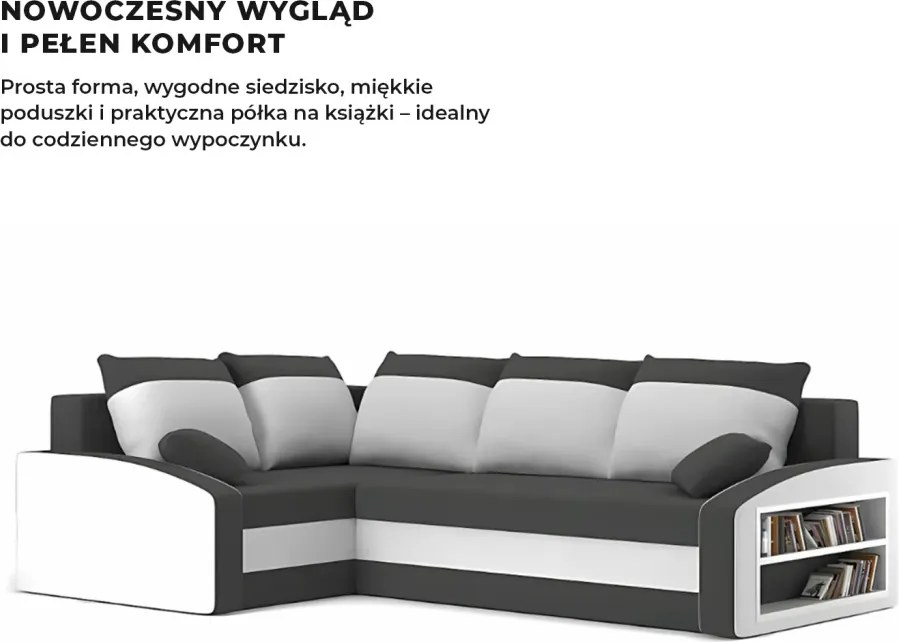 Grande sarokkanapé polcokkal , polc a jobb karfaban, baloldali, szövet anyag, hab töltet, szürke - fehér