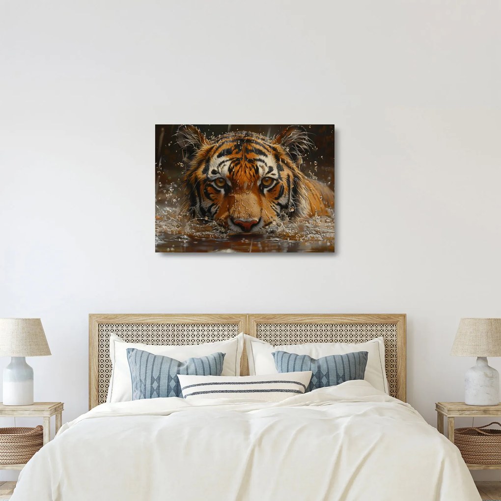Üveg kép - Portré egy tigris a vízben (70x50 cm)