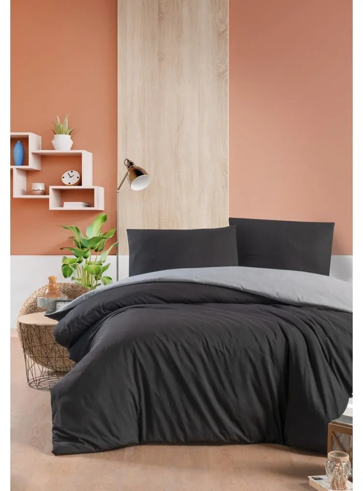 Fekete-szürke egyszemélyes-hosszabbított pamut ágyneműhuzat lepedővel 160x220 cm – Mila Home