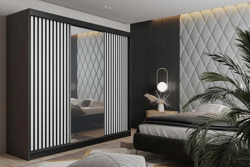 Malani 200 Tolóajtós Szekrény 200cm, Fekete-Fehér