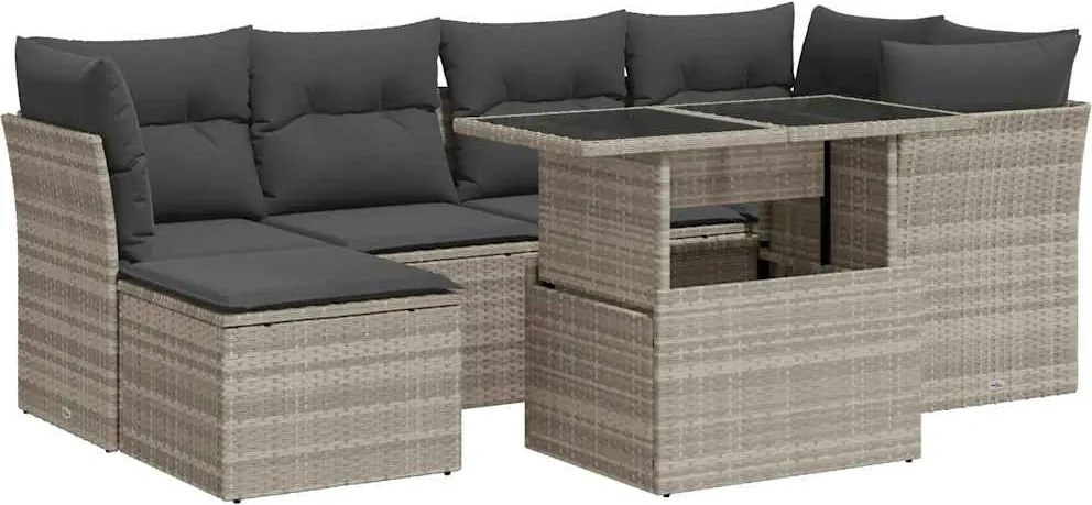 vidaXL 7 részes világosszürke polyrattan kerti ülőgarnitúra párnákkal