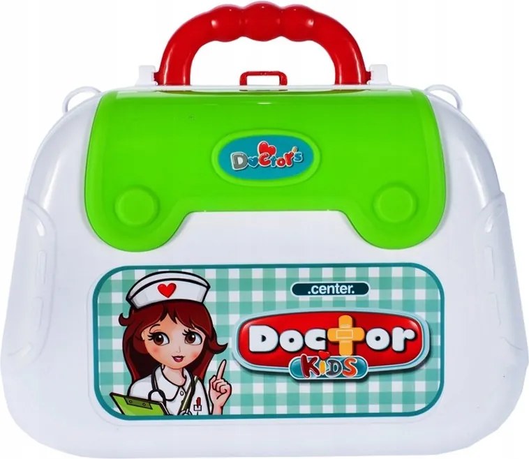 Gyermek orvosi készlet, fogantyús bőrönddel, hordozószíjjal, 12 kiegészítővel, többszínű