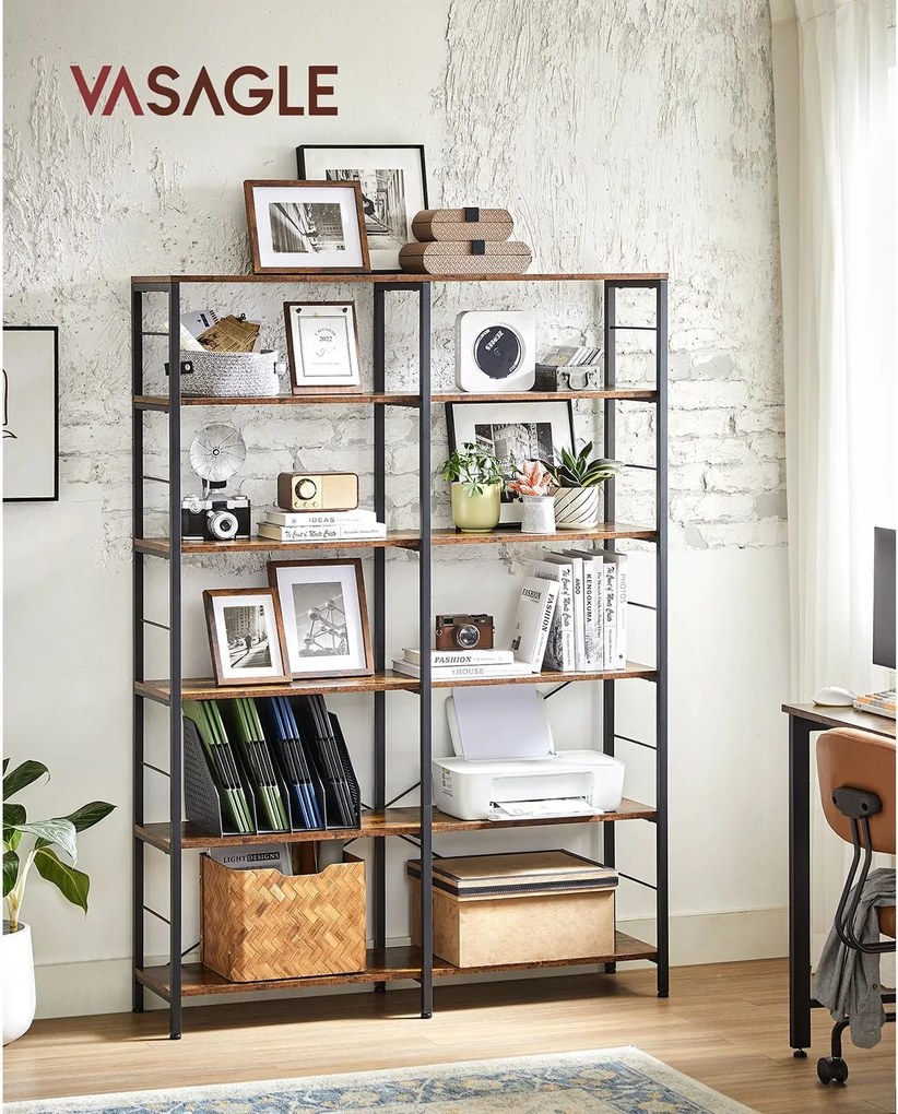 6 szintes könyvespolc, magas tárolópolc, 30 x 120 x 170 cm, barna és fekete