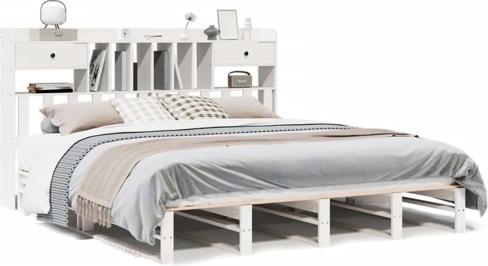 vidaXL fehér tömör fenyőfa könyvespolcos ágy matrac nélkül 180x200 cm