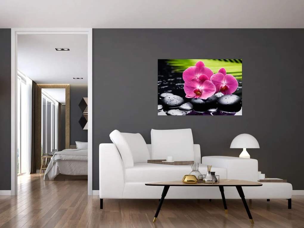 Kép - Rózsaszín orchidea pálmalevéllel (90x60 cm)