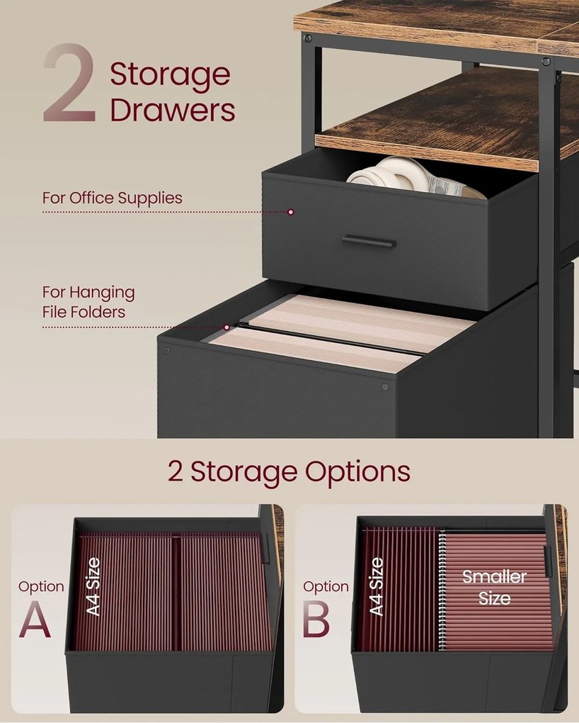 Számítógépasztal, Munkaasztal Tárolóval, 3 Polc, 2 Fiók, 60 x 160 x 76 cm, rusztikus barna