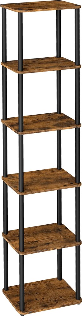 6 szintes álló tárolópolc, szerszám nélkül összeszerelhető, 38 x 23,8 x 173,4 cm, rusztikus barna és tintafekete