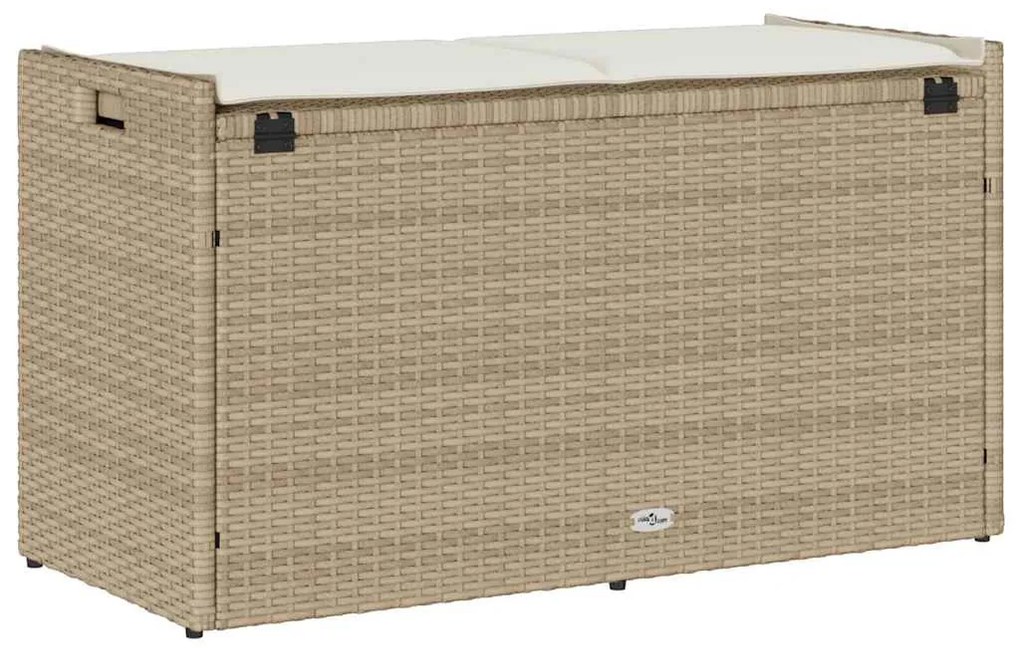 bézs polyrattan kültéri tárolópad párnával 100 cm
