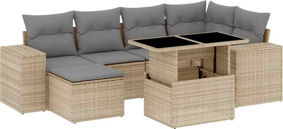 vidaXL 7 részes bézs polyrattan kerti ülőgarnitúra párnákkal