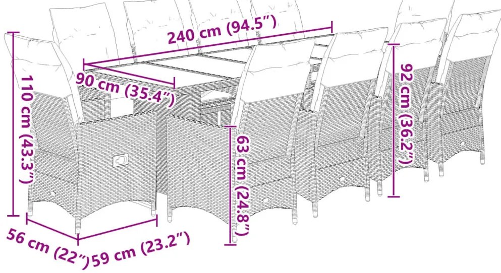 11 részes bézs polyrattan kerti bisztrógarnitúra párnákkal