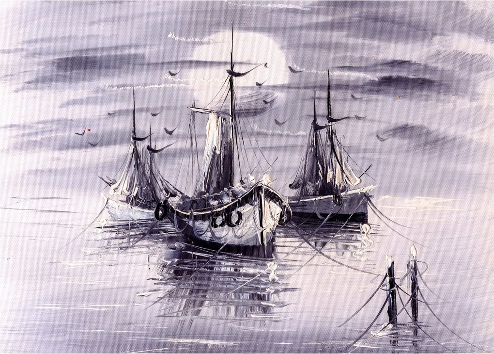Kép - kikötő, olajfestmény (üvegen) (70x50 cm)