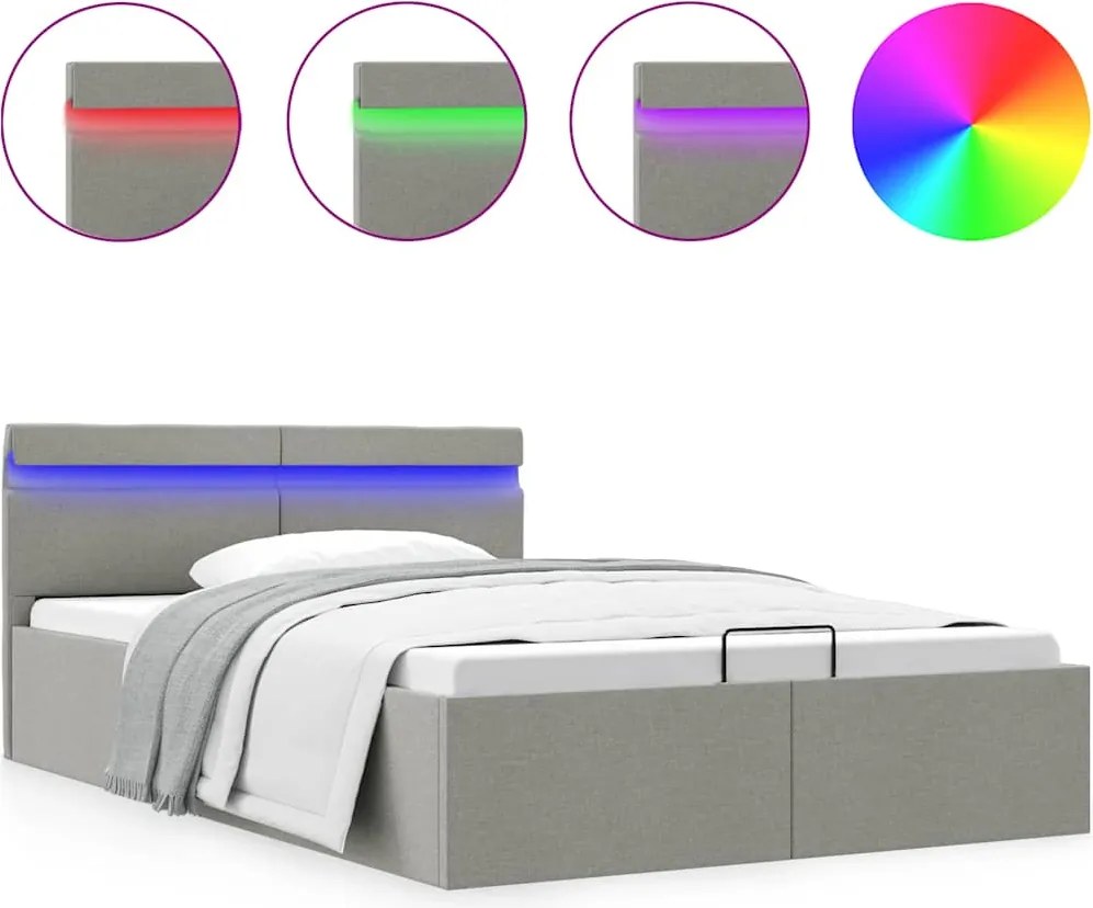 vidaXL világosszürke szövet LED-es ágy hidraulikus tárolóval 140x200cm