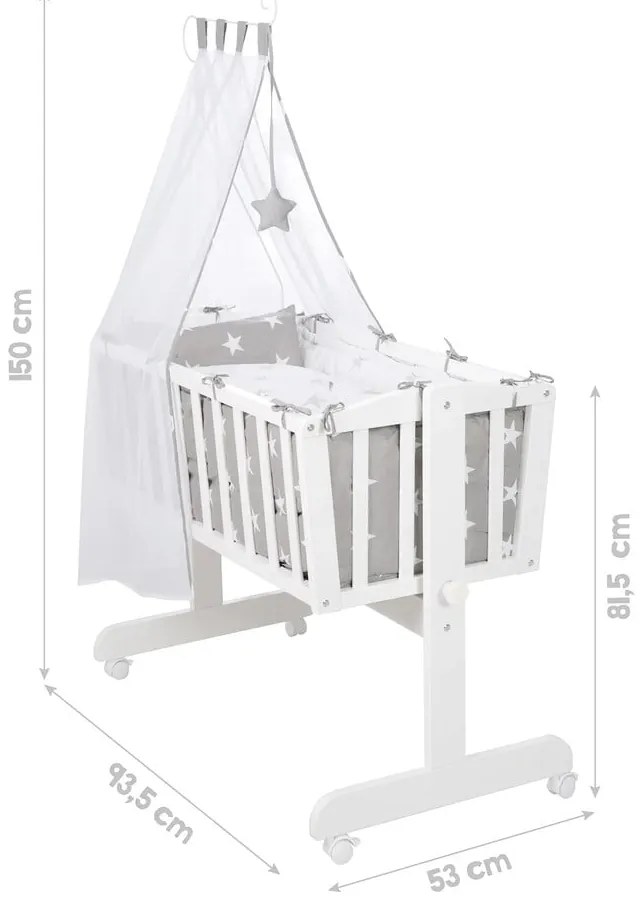 Fehér gurulós bölcső baldachinnal 40x90 cm Little stars – Roba