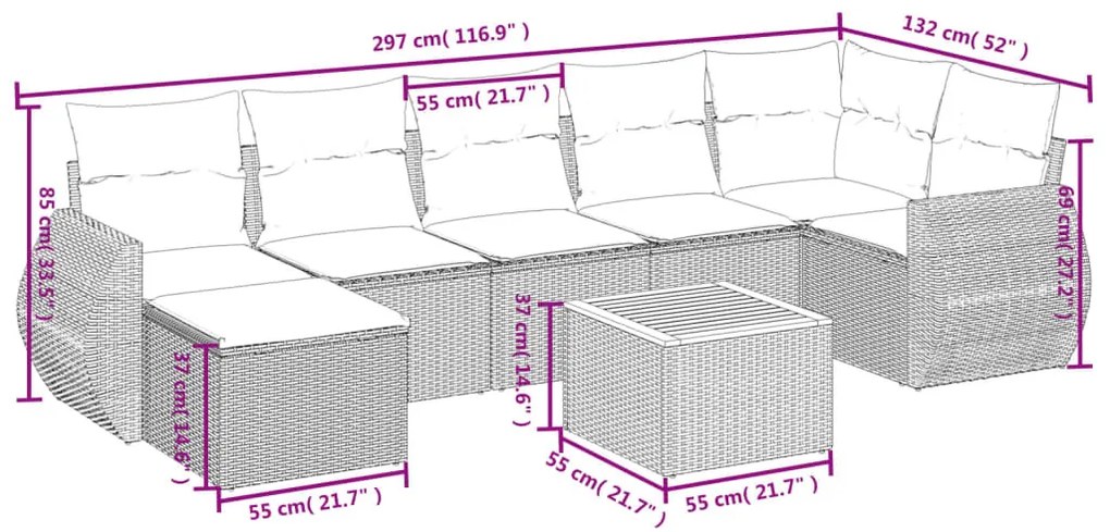 8 részes fekete polyrattan kerti ülőgarnitúra párnákkal