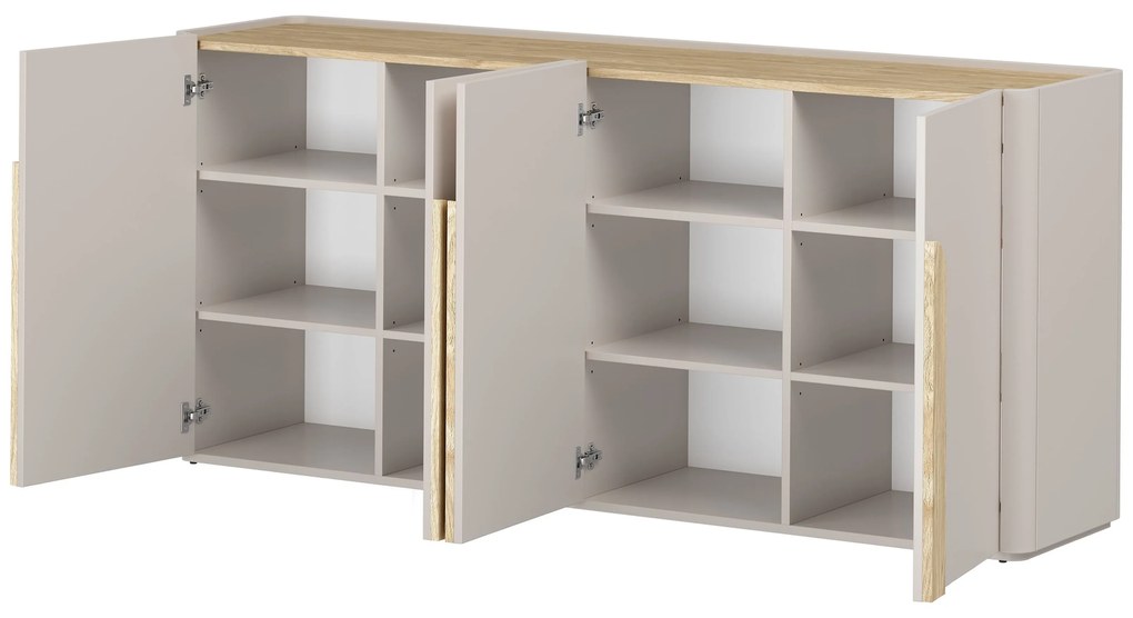 Amilio négyajtós komód 200 cm - kasmír / olajozott tölgy / világos tölgy fogantyúk