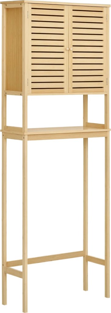 kleankin Bambusz W.C. feletti szekrény Magas fürdőszobai tároló szekrény 2 lamellás ajtóval 1 állítható polccal és 1 nyitott polccal 60x23x173 cm Term