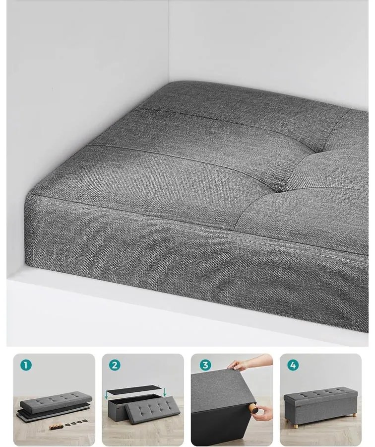 SONGMICS tárolós ülőke, összecsukható pad lábakkal, 38 × 110 × 40 cm, szürke színben