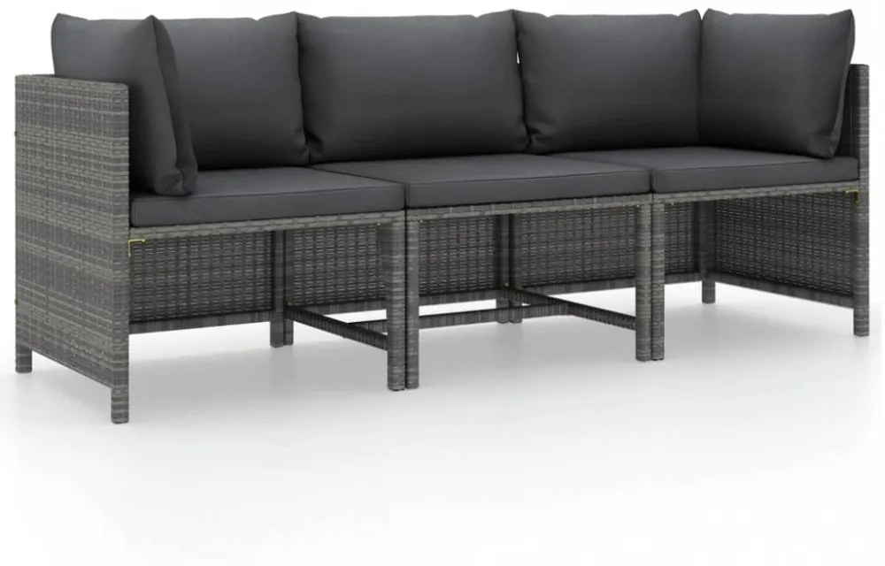 3 személyes szürke polyrattan kerti kanapé párnákkal