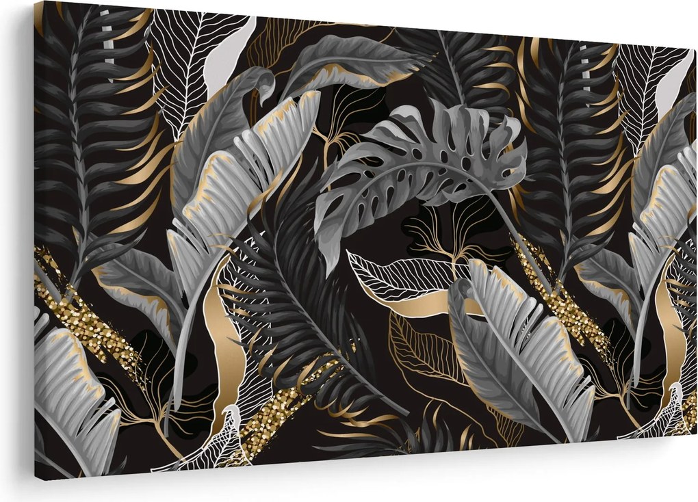 Kép - Trópusi levelek fekete és arany színben (90x60 cm)