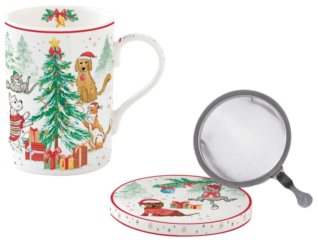 Cicás kutyás karácsonyi porcelán bögre szűrővel Christmas Gang