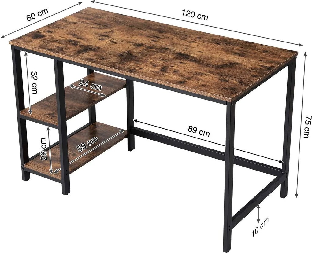 Íróasztal polcokkal, rusztikus barna 120x60x75cm