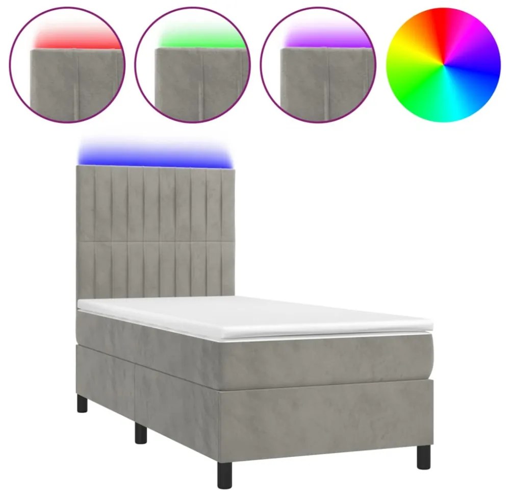 világosszürke bársony rugós és LED-es ágy matraccal 90x200 cm