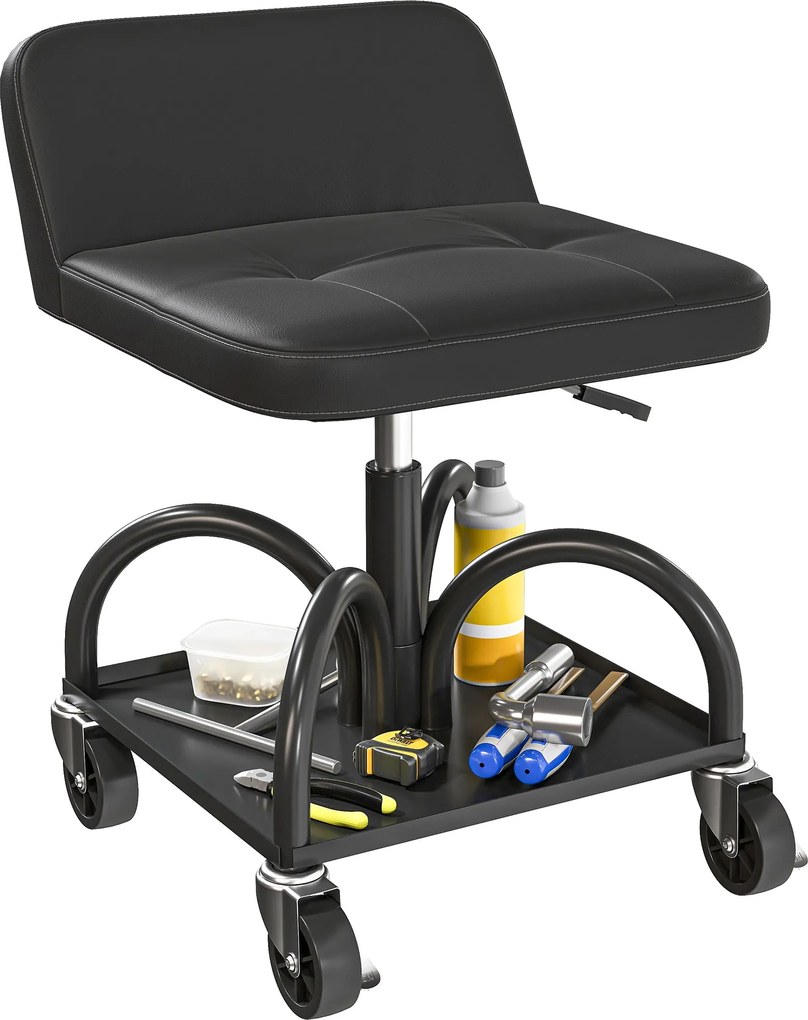 HOMCOM Forgószék Tárolóhellyel, Deréktámasszal, 58,5 cm Magas Munkaszék Max. 135 kg Teherbírással, Garázsba Ideális Fekete Forgószék | Aosom