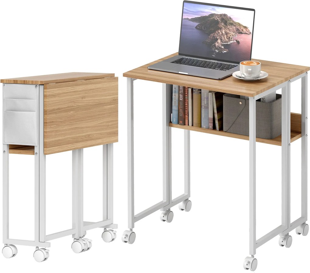 HOMCOM Összecsukható Asztal Kicsi 63 cm Kosarakkal, Helytakarékos Számítógép Asztal Polccal és Tárolótáskával, Otthoni Irodához, Természetes | Aosom