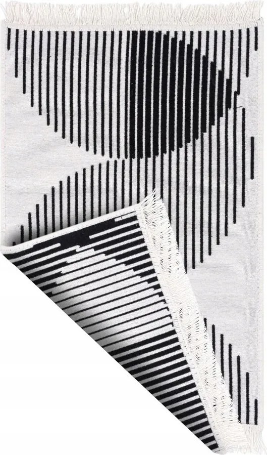 Kétoldalas Szőnyeg Fekete Krém Félkör Vonalak Rojtokkal Orient 80x150 cm