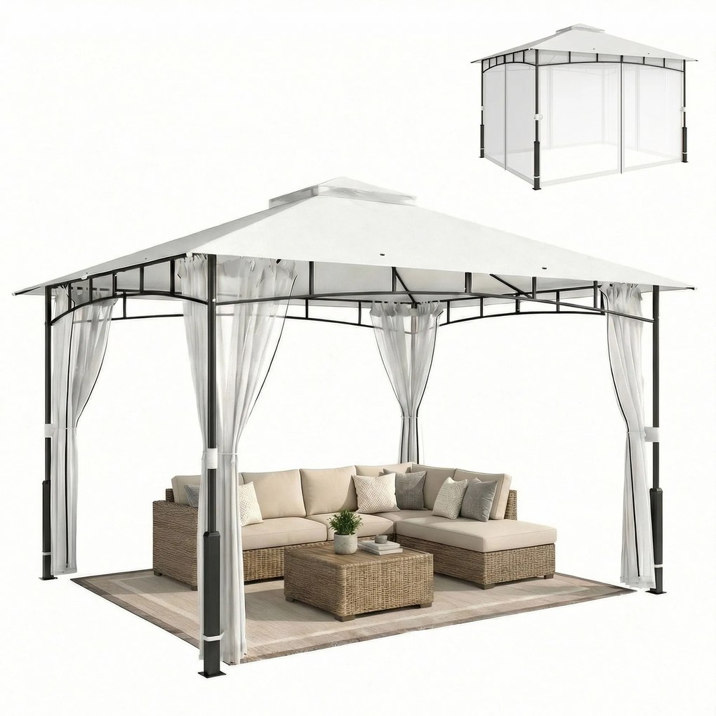 Outsunny pavilon 3,6 x 3,0 m (360 x 300 x 275 cm) — vízlepergető fém kerti pavilon szúnyoghálóval, dupla tetővel, faerezetű oszlopokkal, fekete | Aoso