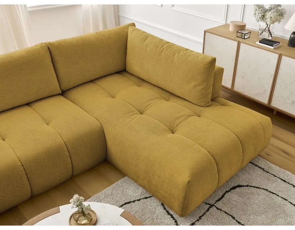 Mustársárga kinyitható-tárolóhelyes sarokkanapé (jobb oldali-U alakú) Fuji – Bobochic Paris