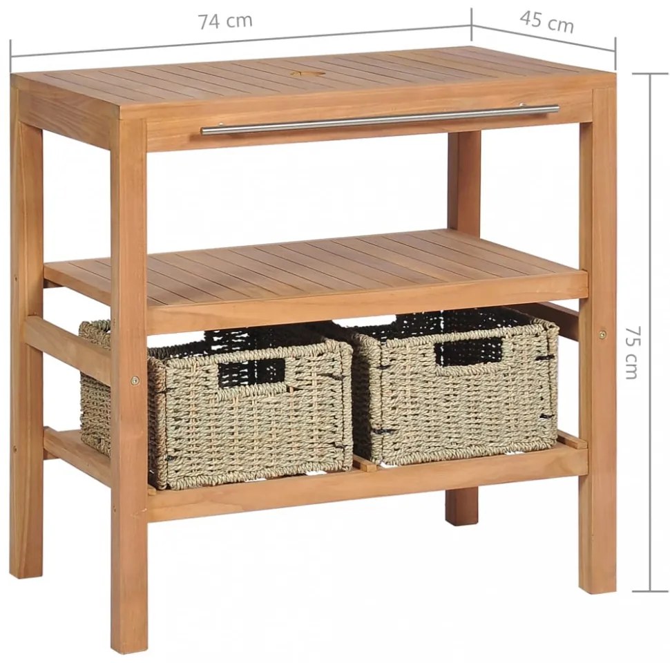 Tömör tíkfa fürdőszobai pipereszekrény 2 kosárral 74x45x75 cm