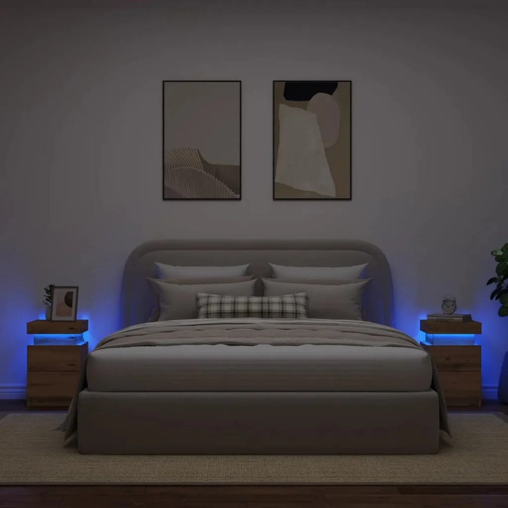 2 db kézműves tölgy szerelt fa LED-es éjjeliszekrény 35x39x55cm