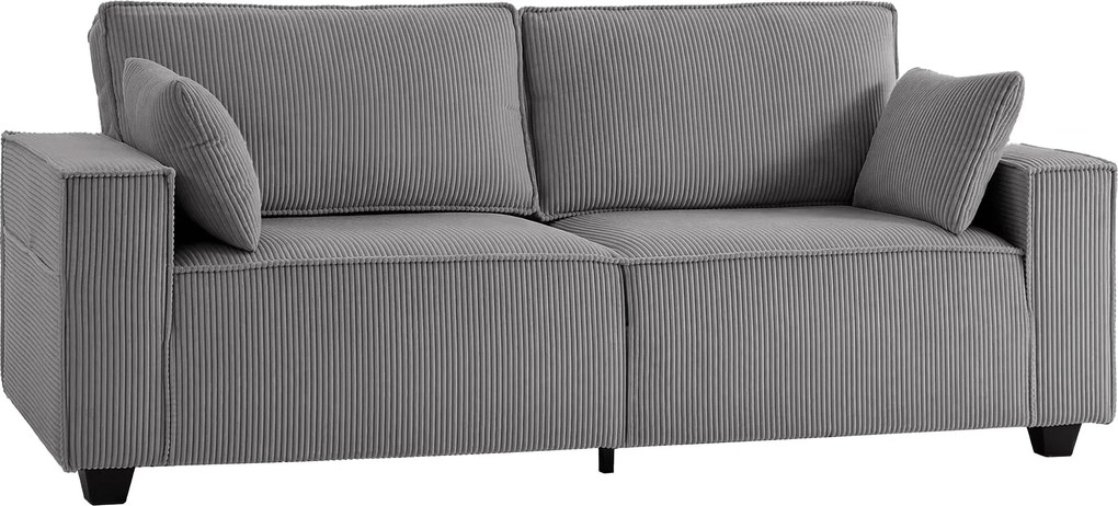 HOMCOM 3 személyes kanapé, 218 cm széles, széles karfákkal, 2 párnával, kényelmes kordbársony ülőgarnitúra, párnázott kárpitozás, világosszürke | Aoso