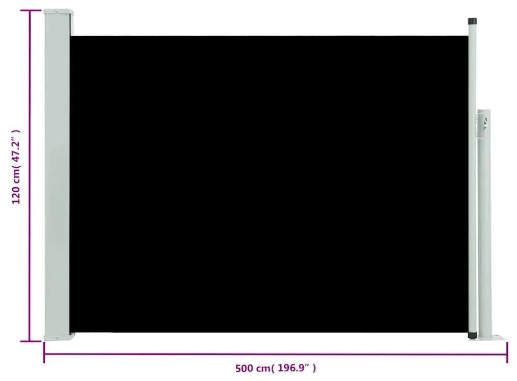 fekete behúzható oldalsó teraszi napellenző 120 x 500 cm