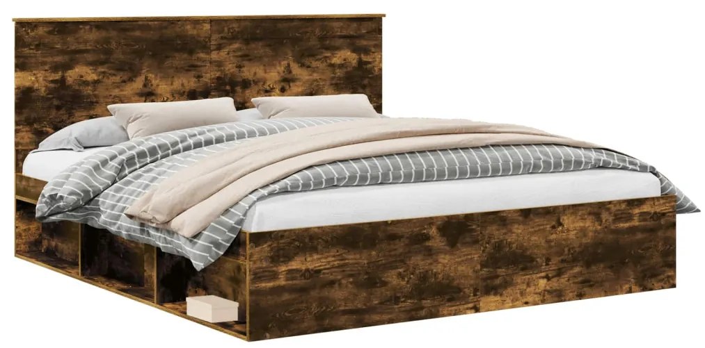 vidaXL Ágykeret fejtámlával Füstölt tölgy 180 x 200 cm Tömör fenyőfa