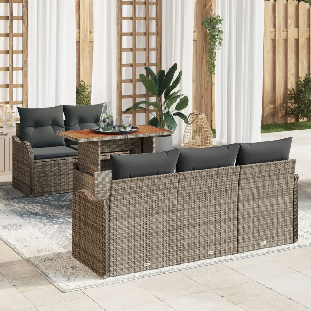 6 Darabos Kert-kanapé Szett Párnákkal Szürke Poly Rattan Akácfa, 2-Fős Kert-kanapé Párnákkal Szürke Poly Rattan